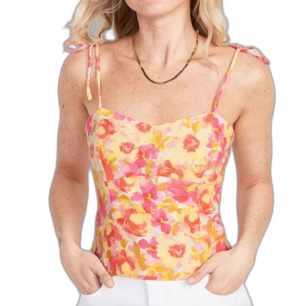 Old Navy Linen Blend Floral Crop Top with Tie Straps Pink Yellow, Small